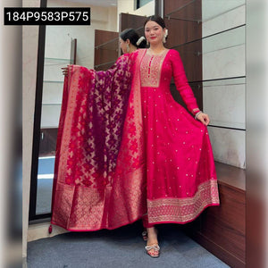 TRENDBUY Elegant Golden Zari Anarkali Kurti Set with Banarasi Dupatta