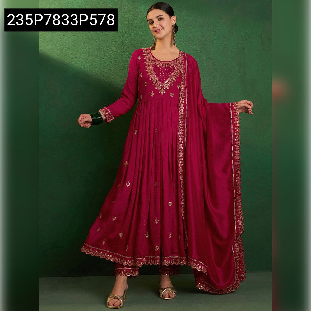 Full body shot of a model in a vibrant Red Pure Vichitra Silk Kurta Set, featuring golden sequence coding embroidery, posing gracefully.