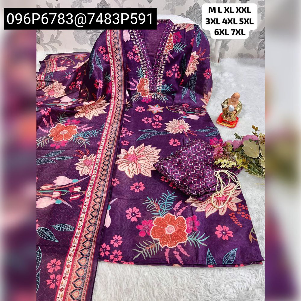 TRENDBUY Purple Jarna Silk Kurti with handwork V-neck, floral print pant and dupatta, displayed on white fur.