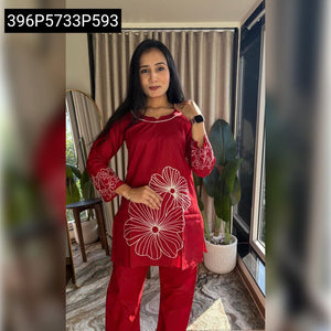 TRENDBUY Floral Embroidered Pure Camri Cotton Short Top & Plazo Set
