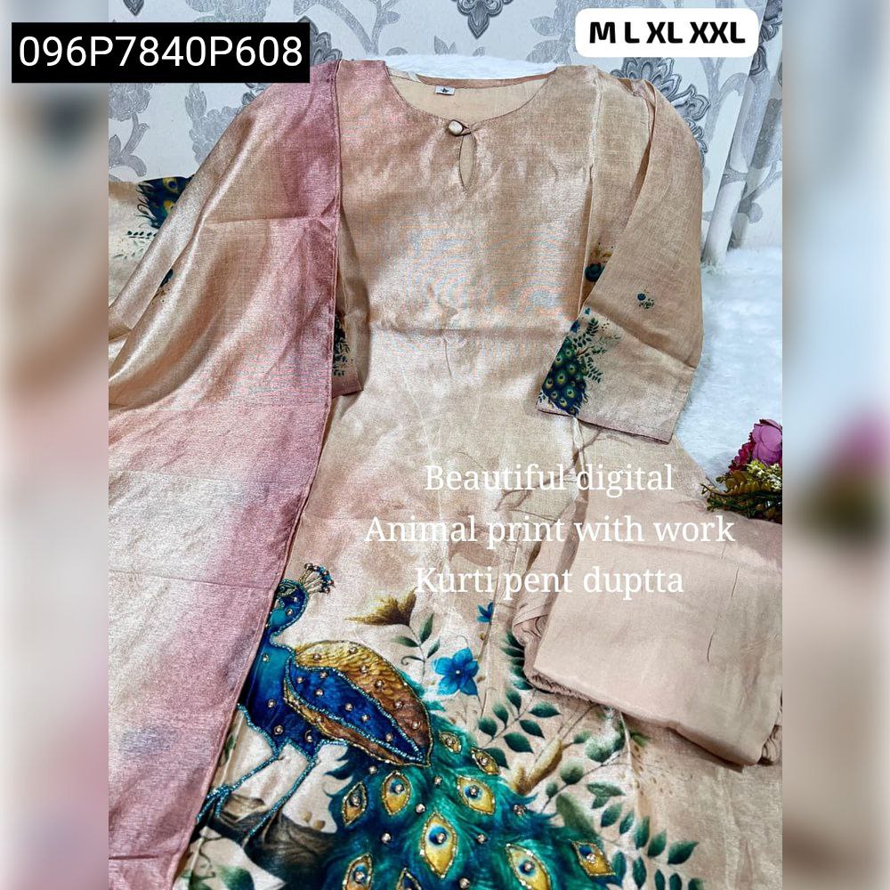 TRENDBUY Jarna Silk Kurti Pant Dupatta Set in Peach with Majestic Peacock print, full ensemble view on a white background.