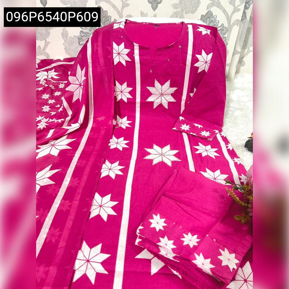 Full layout view of a stunning pink TRENDBUY A-line kurti set, with graceful flare, original heavy hand work on the yoke, and a matching dupatta for a regal look.