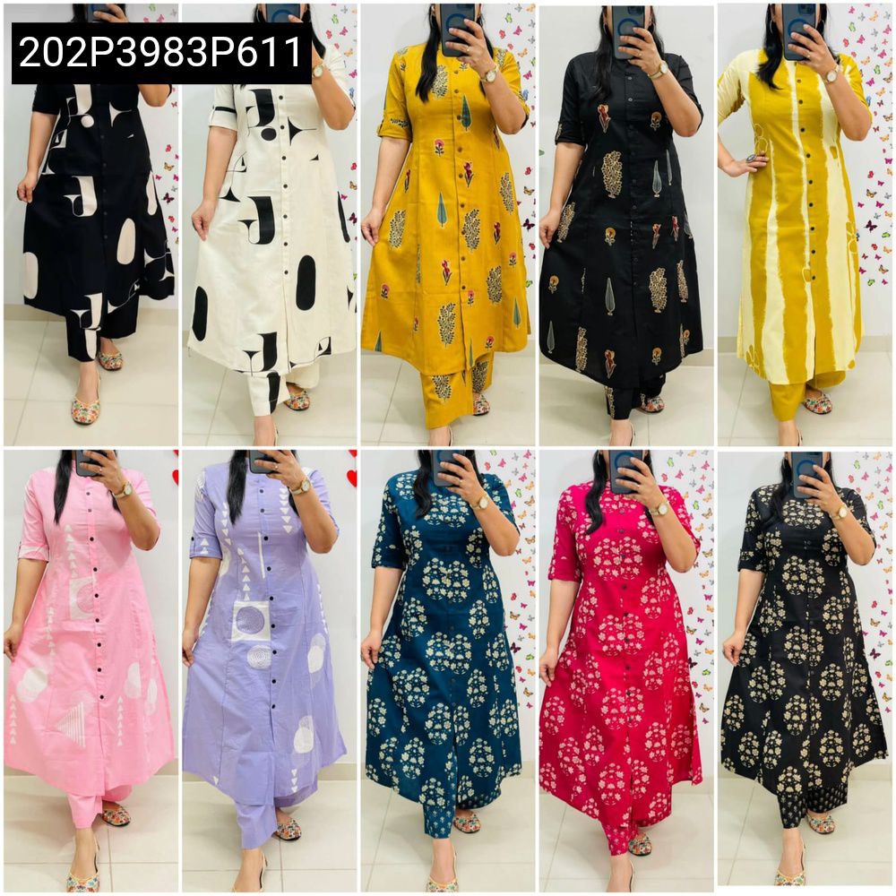 TRENDBUY women's black A-line kurti and pant set with abstract white digital print, full body view.
