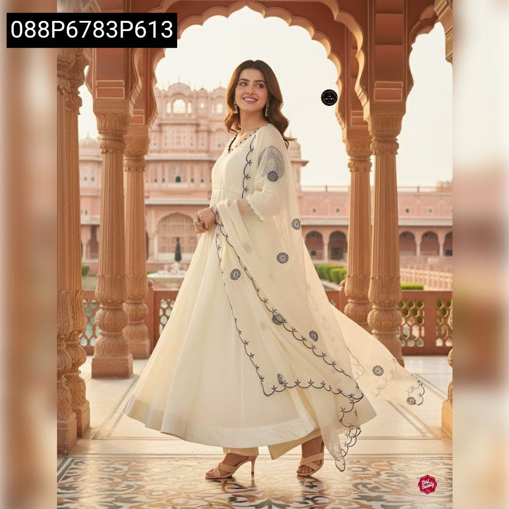 TRENDBUY Off-White Embroidered Vichitra Silk Anarkali Kurti Set with Dupatta, full body model shot in palace setting.
