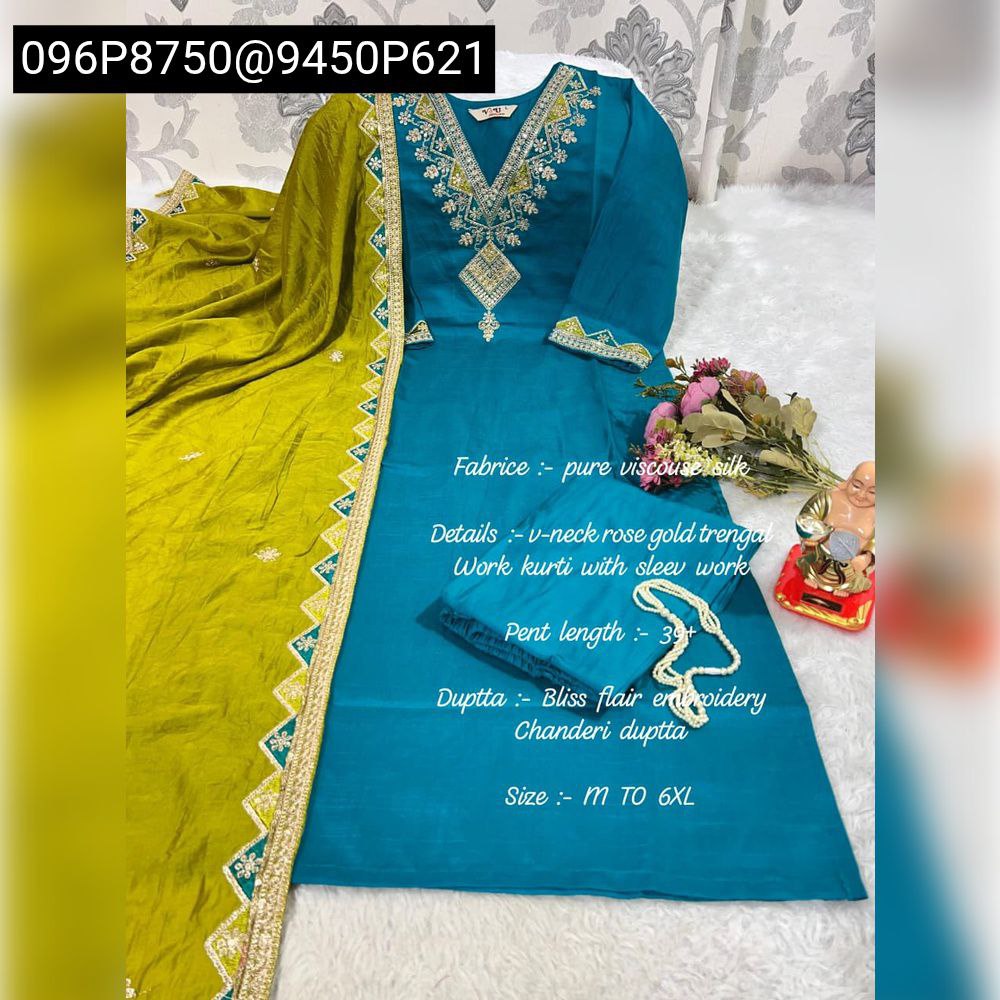 Teal Viscose Silk Kurta Set with Olive Green Chanderi Dupatta and intricate V-neck embroidery, styled for a flat lay.