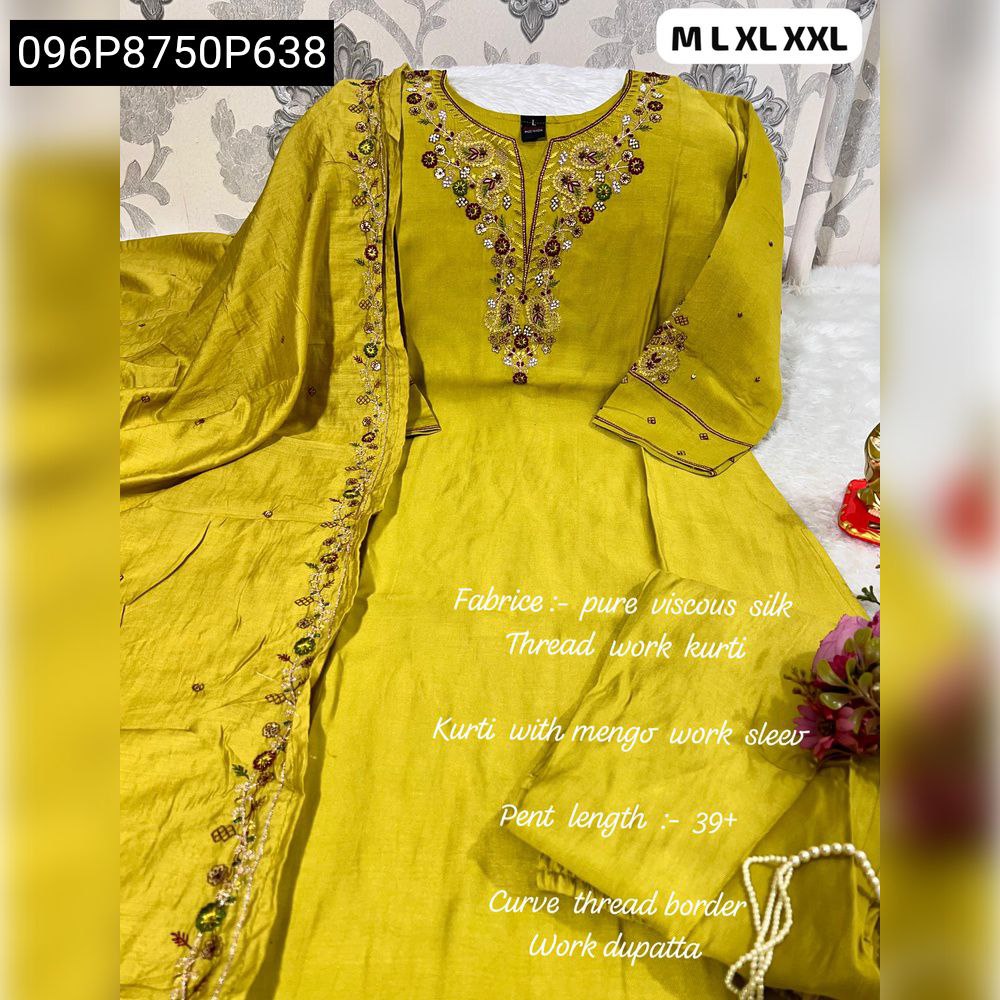 TRENDBUY Mustard Viscose Silk Kurti Set with detailed neckline embroidery, matching dupatta, and plain pants, displayed on a white textured surface.