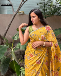 TRENDBUY Chinnon Digital Floral Saree with Diamond & Pearl Border, Satin Blouse