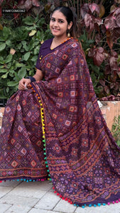 TRENDBUY Women's Mul Mul Cotton Ikat Print Saree with Pom Pom Border