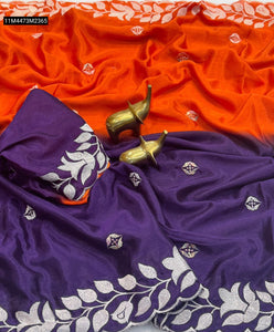 TRENDBUY Orange & Purple Dual Tone Chinon Silk Saree with Thread Embroidery & Blouse