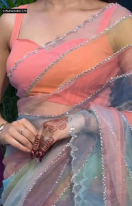TRENDBUY Pastel Rainbow Tabby Organza Saree with Handwork Border & Silk Blouse