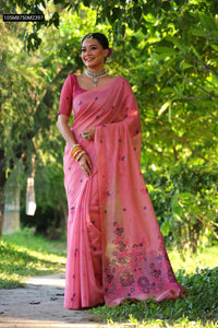 TRENDBUY Premium Muga Cotton Floral Weave Saree with Resham Pallu & Tassels