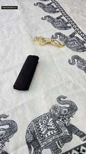 TRENDBUY Off-White Handloom Linen Cotton Saree with Black Digital Elephant Print & Blouse