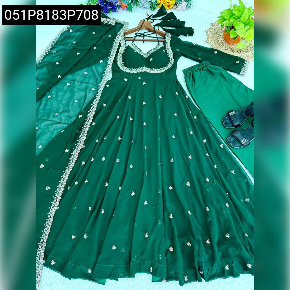 Full view of elegant green Fox Georgette Anarkali Gown with sequence embroidery, matching pant and dupatta, laid out.