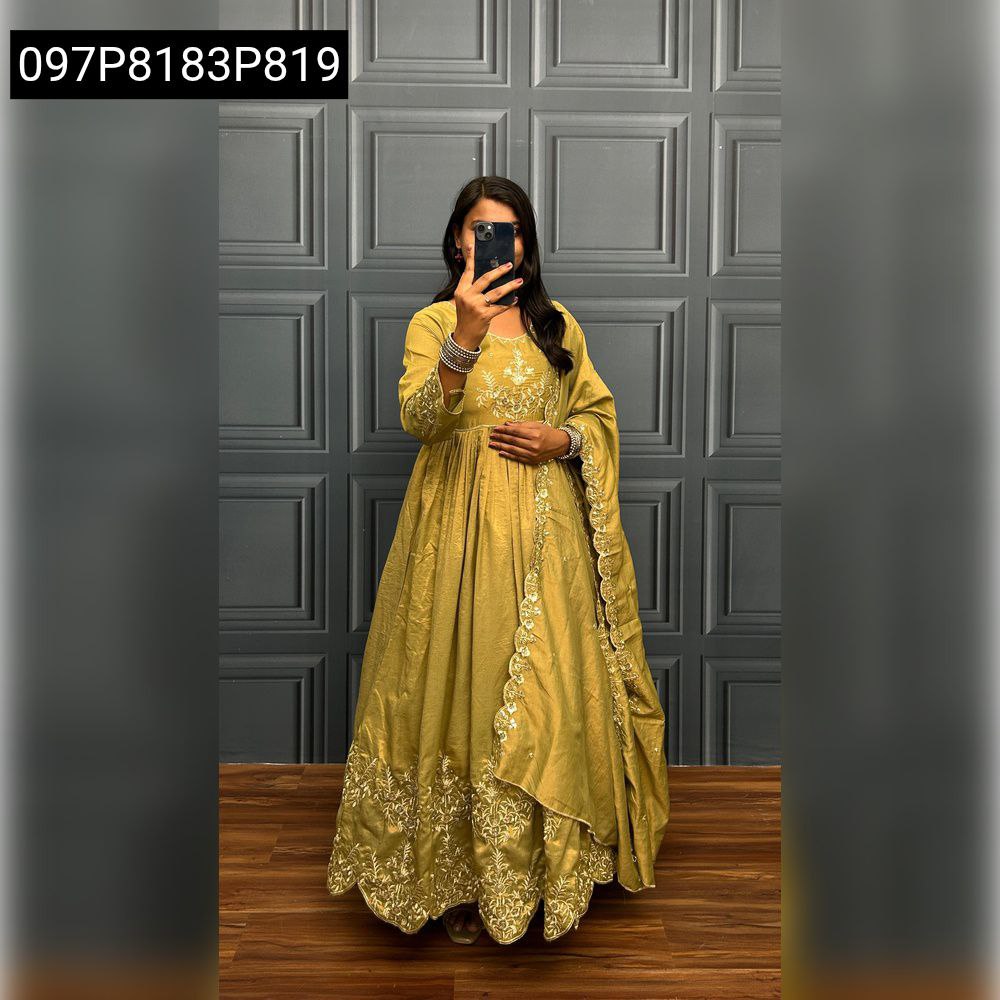 Women's Olive Green Soft Tissue Anarkali Gown with Zari Work