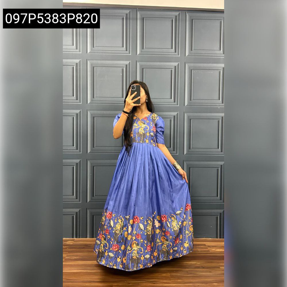 Woman wearing Royal Blue Pichwai Print Soft Cotton Tussar Gown, full length shot