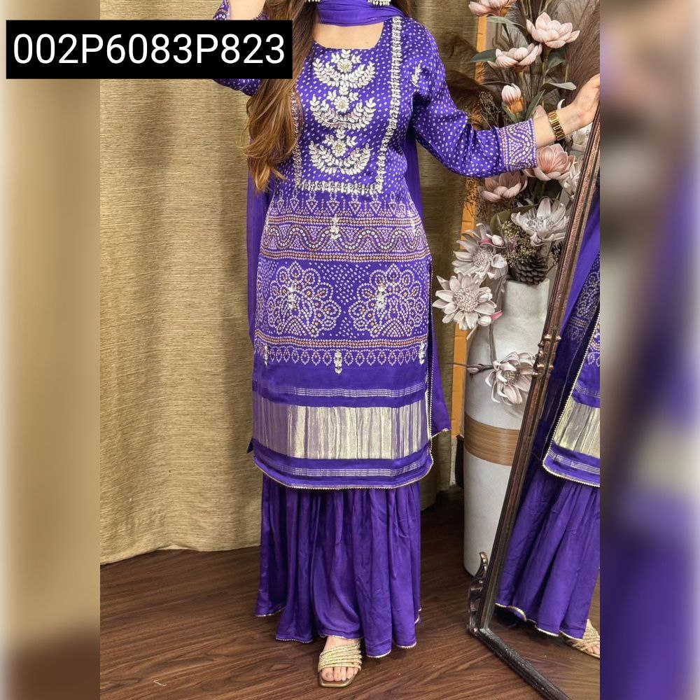 Full body shot of a model wearing the purple Chinon Bandhani Kurta Set with matching pants and dupatta, front view.