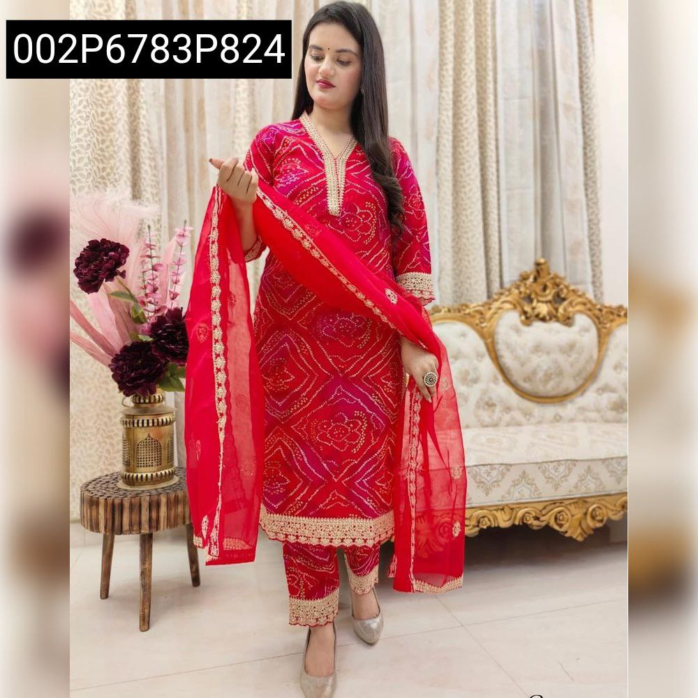 Model showcasing Women's Red Bandhani Cotton Suit Set, full body pose