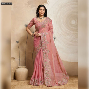 TRENDBUY Elegant Chiffon Saree with Intricate Embroidery & Cutwork Blouse Piece