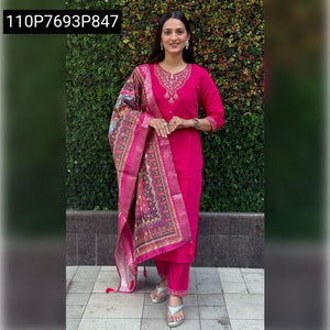 Rani Pink Roman Silk Embroidered Ladies Kurti Set | Festive Flair