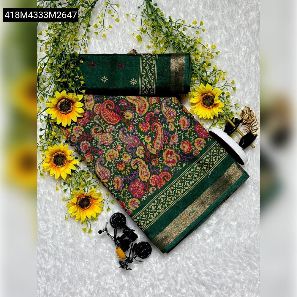 TRENDBUY Forest Green Mangalagiri Mul Mul Cotton Saree with colorful paisley floral print and golden jacquard border, matching blouse piece on a white textured background with decorative sunflowers.