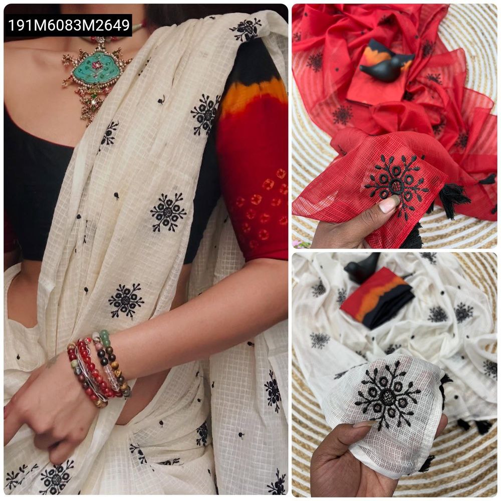 Photo collage featuring model in Off-White Saree, and close-ups of Red and Off-White Saree fabric details and embroidery.