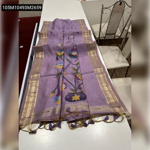 TRENDBUY Premium Muga Cotton Saree with Floral Paithani Pallu & Zari Border
