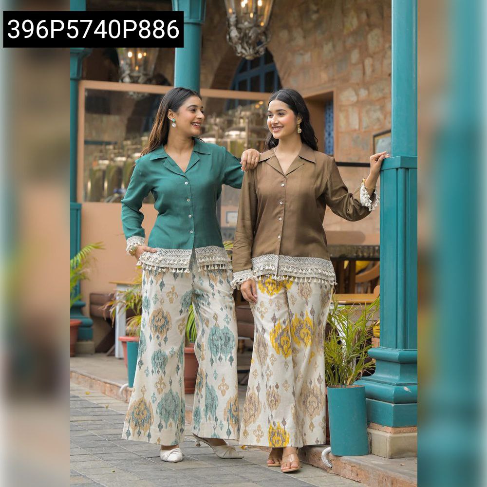 Two Women's Cotton Flex Co-ord Sets, one Teal Green and one Brown, featuring patterned pants and lace detail.