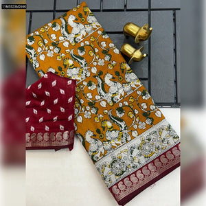 TRENDBUY Mangalagiri Silk Saree with Kalmkari Print & Weaving Viscose Border