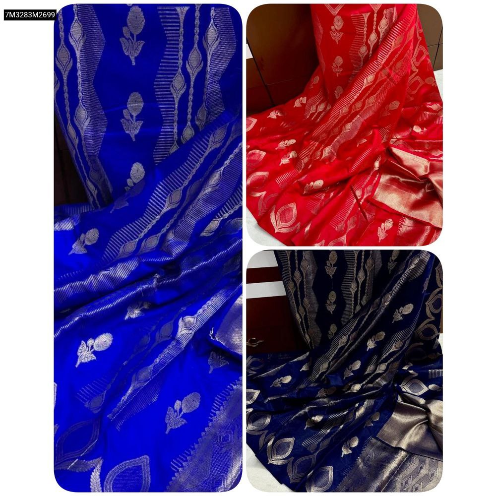 Collage showing draped Royal Blue, Red, and Navy Blue Art Silk Jacquard Sarees with intricate silver-gold woven patterns.
