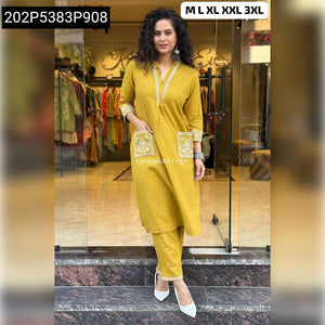 Embroidered Slub Cotton Women's Kurti Pant Set | Office & Regular Wear