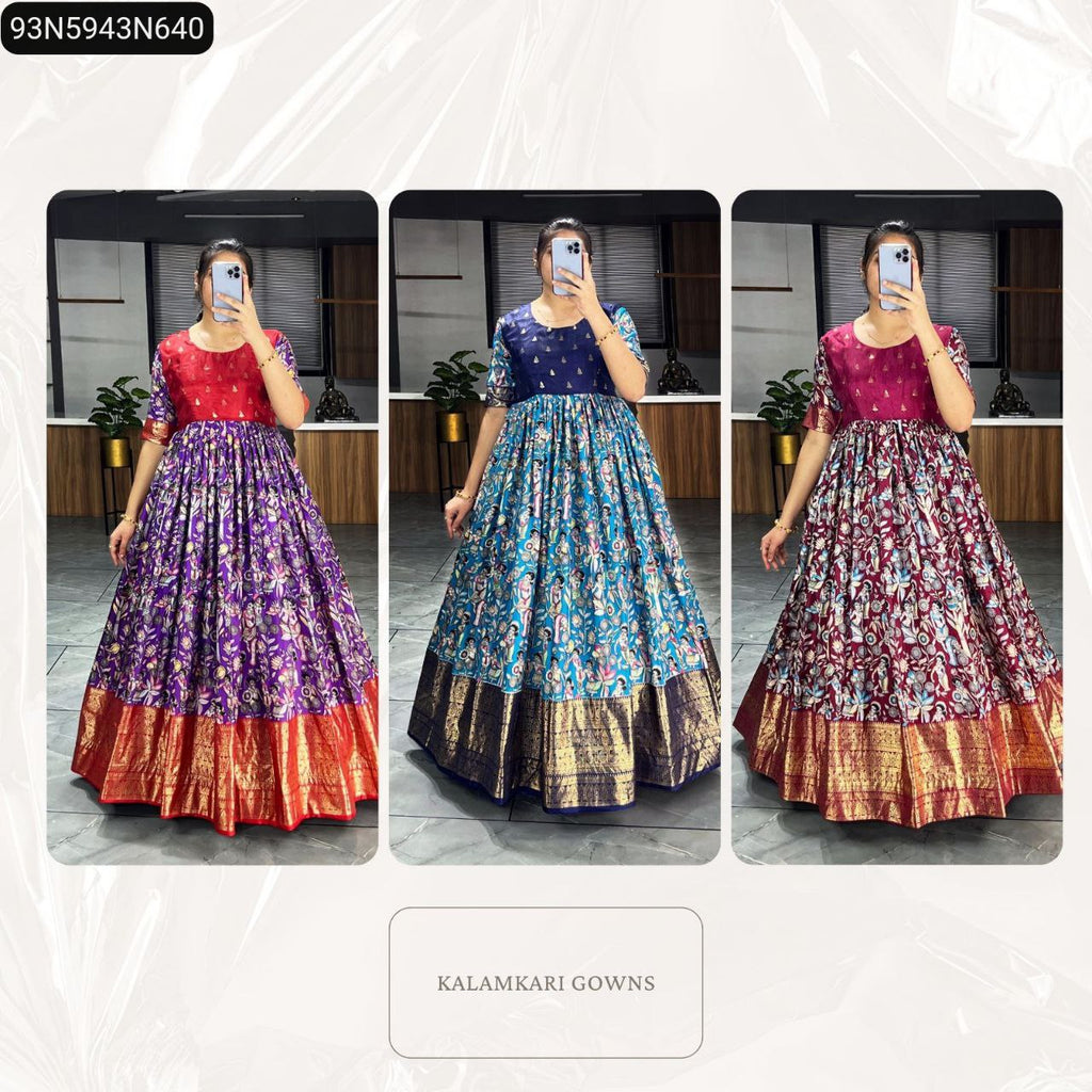 Three women modeling different color Kalamkari Gowns: purple, blue, and maroon.