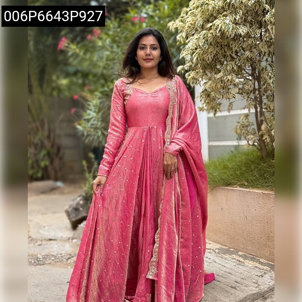 Women's Radiant Pink Vichitra Silk Anarkali Gown Suit with Dupatta, full body view, perfect for weddings and parties.