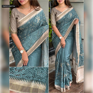 TRENDBUY Elegant Tusser Cotton Saree with Thread Embroidery & Zari Jacquard Blouse