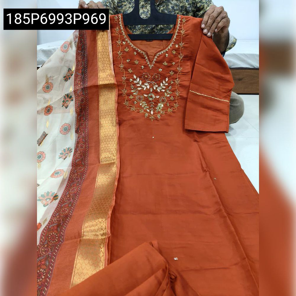 Women's Roman Silk Hand Work Suit in Rust Orange with Digital Dupatta