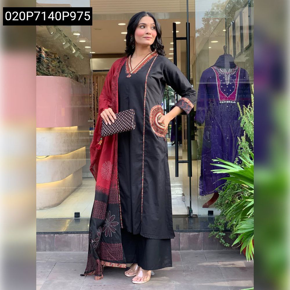 Full body shot of women's model in black Banana Silk Kurti Palazzo and Dupatta set, holding a clutch