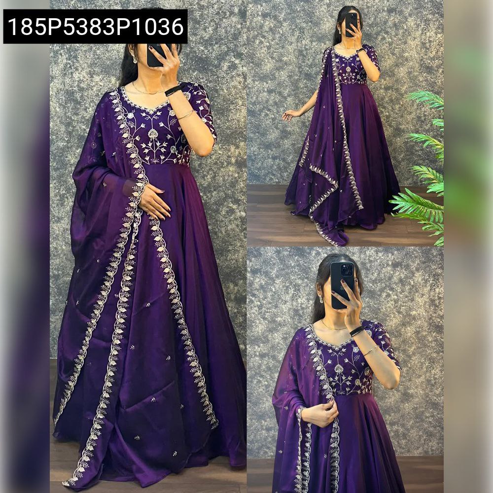 Women's Embroidered Satin Chiffon Gown with Dupatta in Lavender - Full View