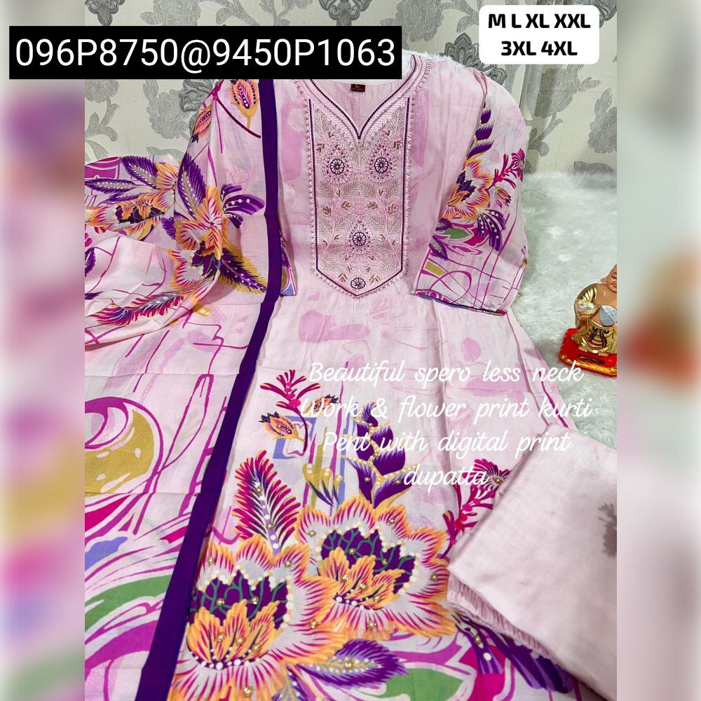 Women's Lavender Full Length Kurti Set with Floral Print and Handwork, includes dupatta and pant, laid out.
