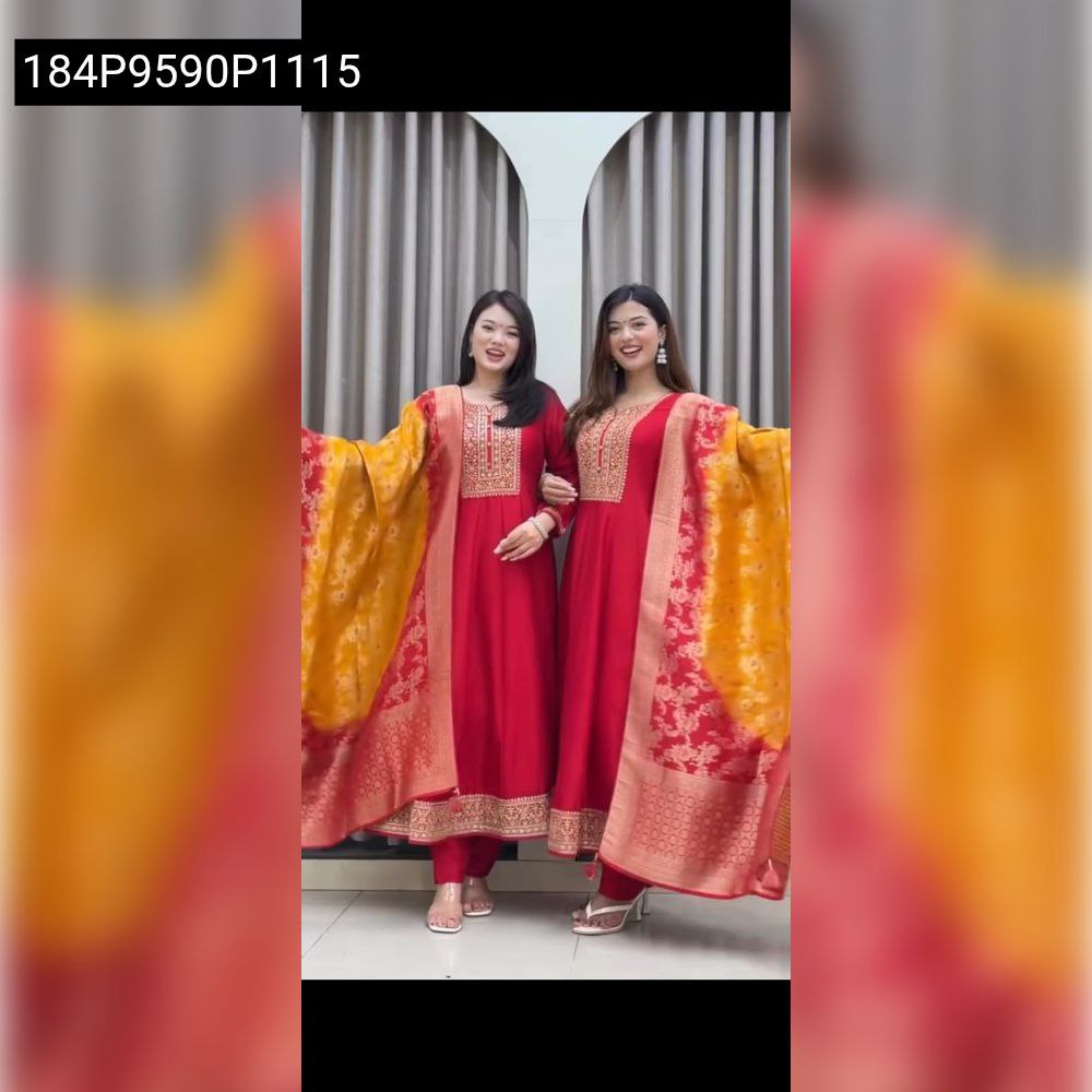 Women's Red Anarkali Flared Kurti Set with Banarasi Silk Dupatta, front view model shot