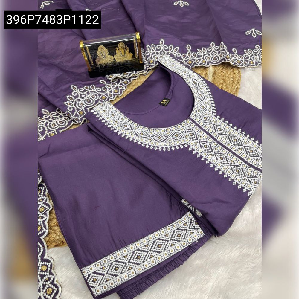 Plum Purple Roman Silk Kurti Set with intricate embroidery, front view