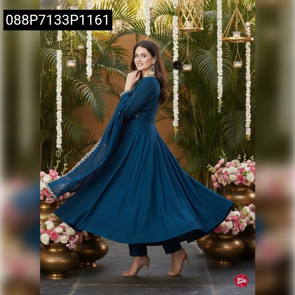 Women's Teal Embroidered Anarkali Kurta Set, model posing