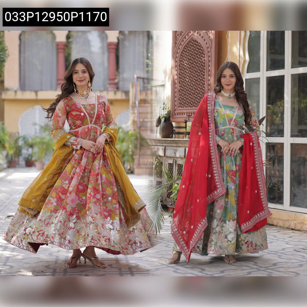 Two models side-by-side, one in a pink floral gown with mustard dupatta, the other in an aqua floral gown with red dupatta, showcasing both styles.