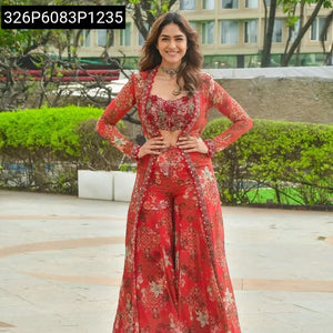 Women's Georgette Digital Print Jacket Blouse and Plazo Set | Wedding & Festive Wear