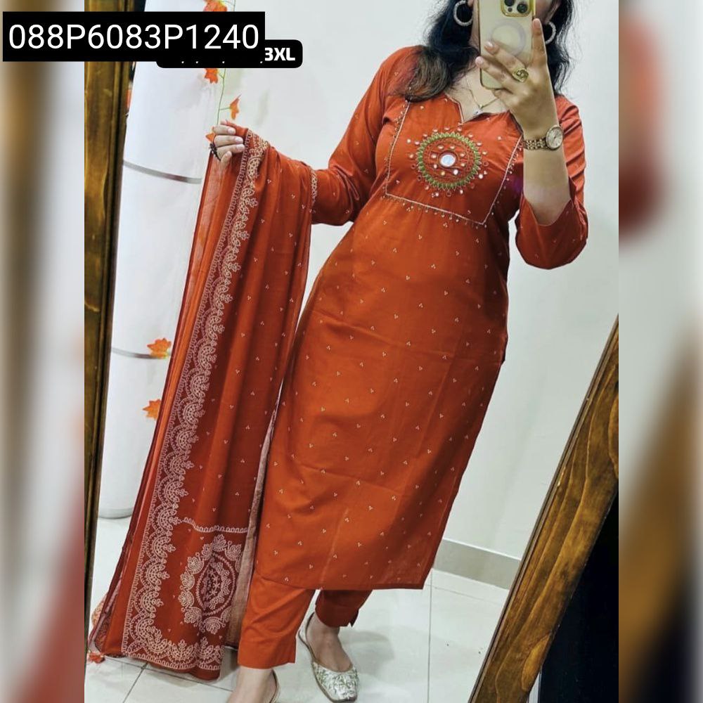 Women's Orange Embroidered Cotton Kurta Set with Malmal Dupatta, full body model shot