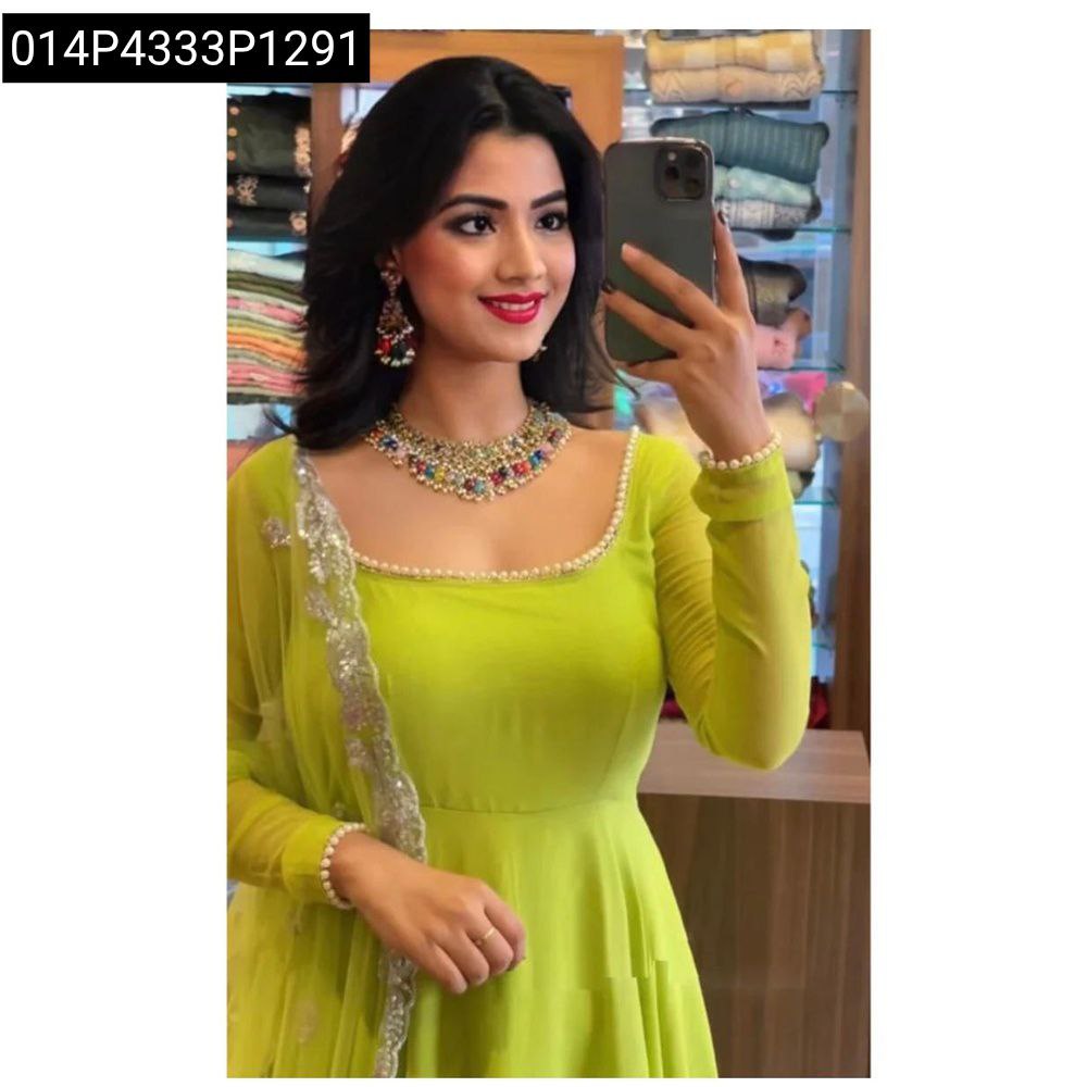 Lime Green Faux Georgette Gown for Women, Front View