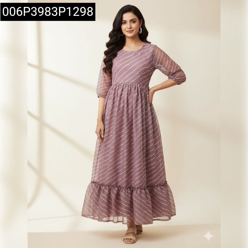 Woman wearing Lavender Leheriya Shimmer Chiffon Gown, full body pose