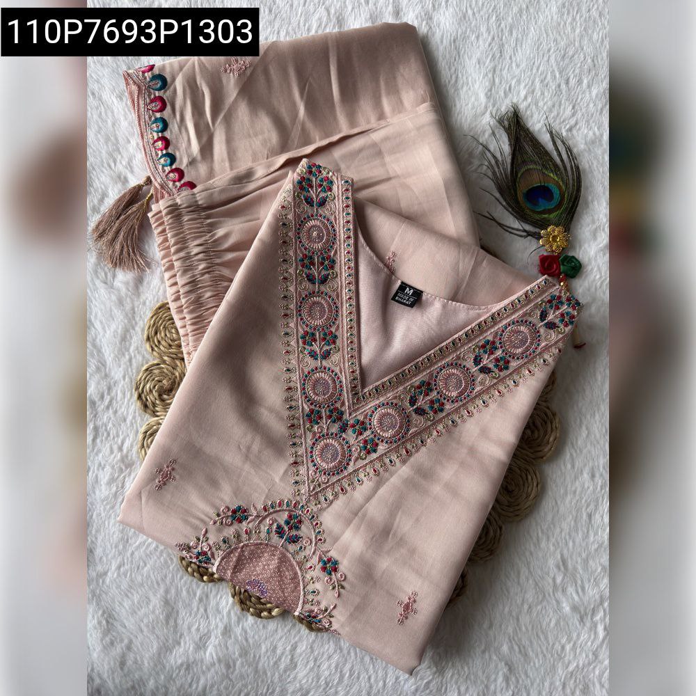 Light Peach Roman Silk Embroidered Suit Set with Dupatta