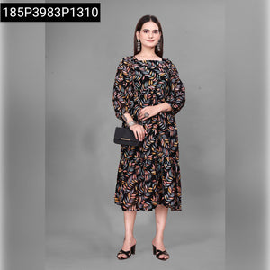 Women's Leaf Print Georgette Tiered Midi Dress | Party Perfect
