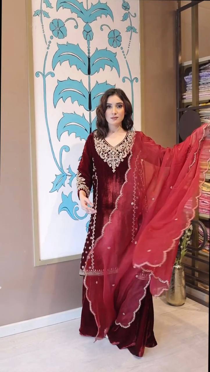 Women's Velvet Palazzo Suit Set in Maroon with Gold Embroidery, Full View