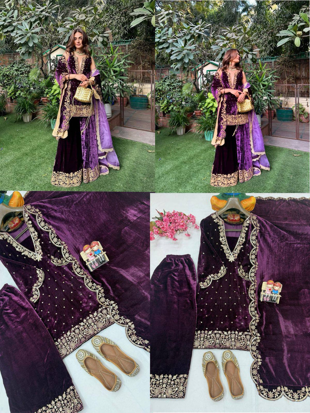 Woman posing in a deep plum designer velvet kurti plazzo set with intricate gold zari and sequin embroidery, holding a golden clutch, in a garden setting.