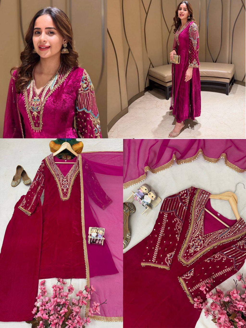 Full model shot of women's magenta velvet kurti-pant set with intricate sequins and zari embroidery.